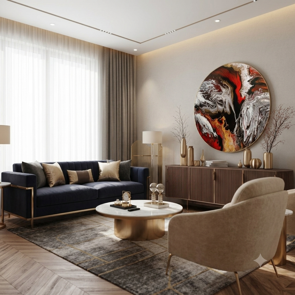 A modern living room interior featuring a navy blue sofa, beige armchair, round coffee table, and a large circular abstract wall art piece in red, black, white, and gold tones above a wooden cabinet.