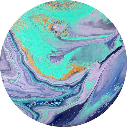 Round painting with a colorful abstract design in teal, purple, and gold.