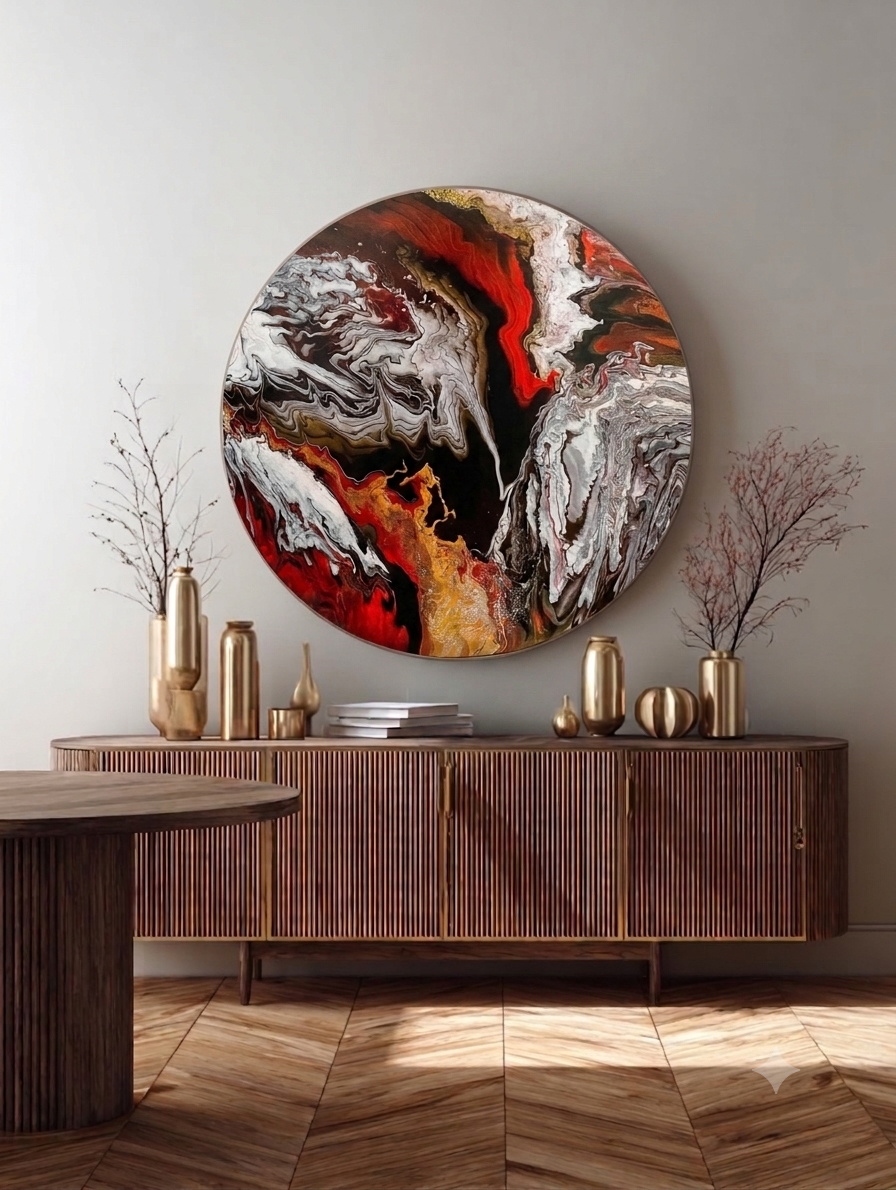 A large circular abstract wall art piece with swirling red, black, white, and gold paint, displayed above a mid-century modern wooden sideboard in a styled room.