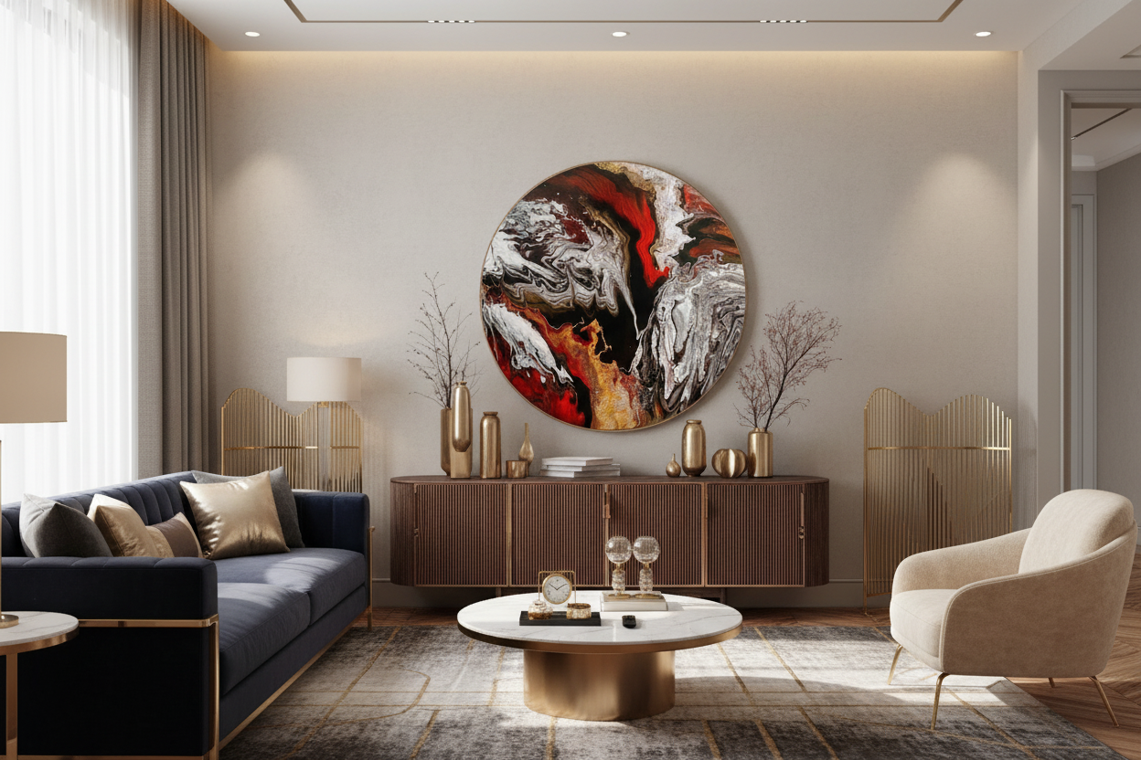 A large round abstract wall art piece with swirling black, white, red, and orange brushstrokes hangs in a modern living room above a dark wood console, flanked by a navy sofa and a beige armchair.